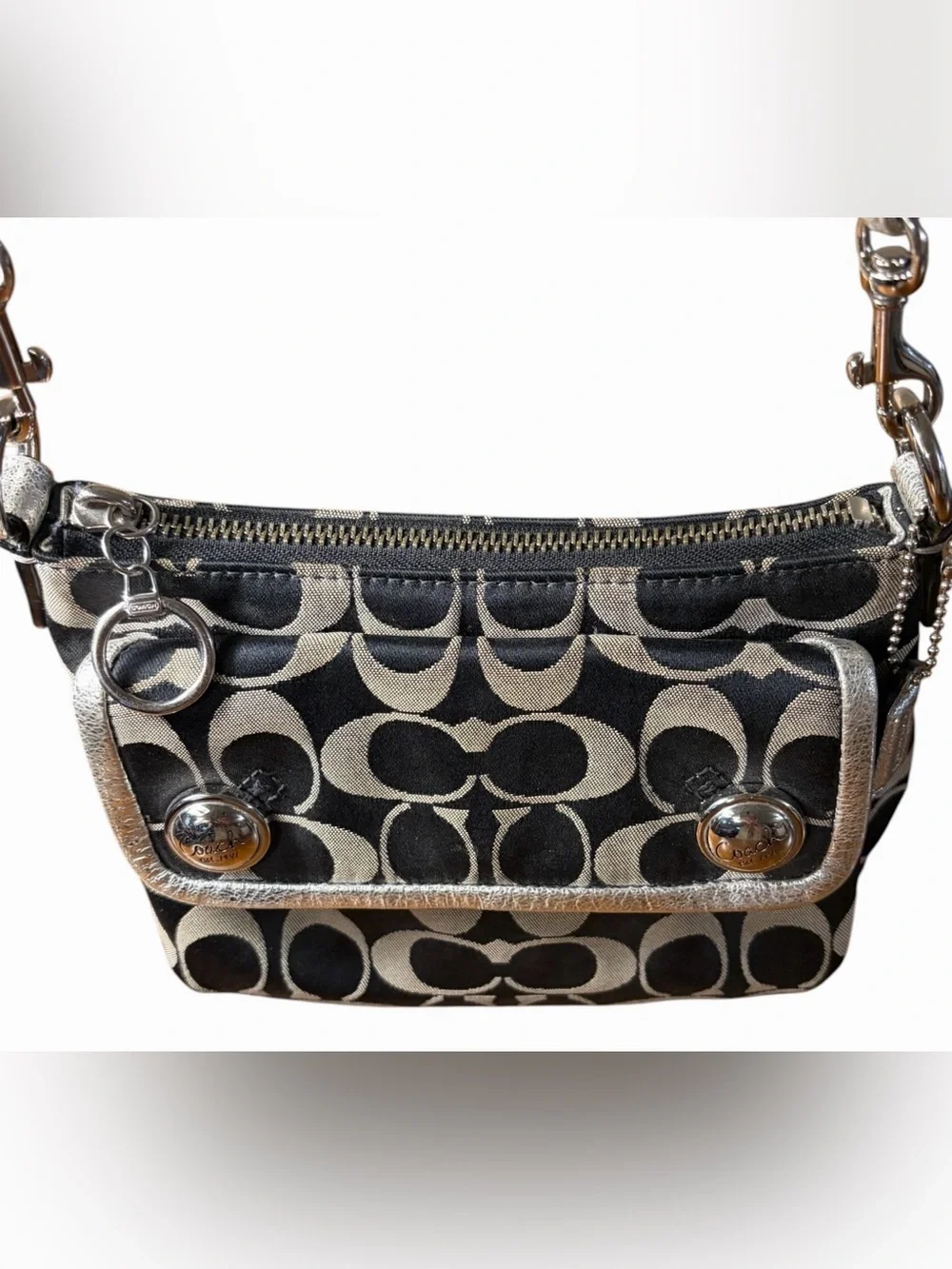 Coach Poppy Signature Pleated Crossbody Bag Black/Grey Metallic Silver - Picture 5 of 9